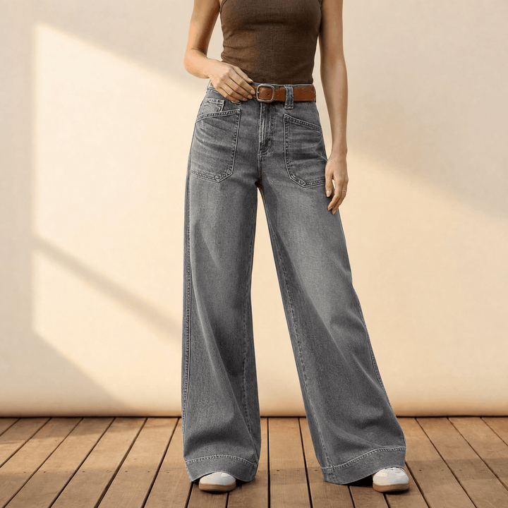 Widera – Retro Patch Pocket Wide Leg Jeans for Women Gray