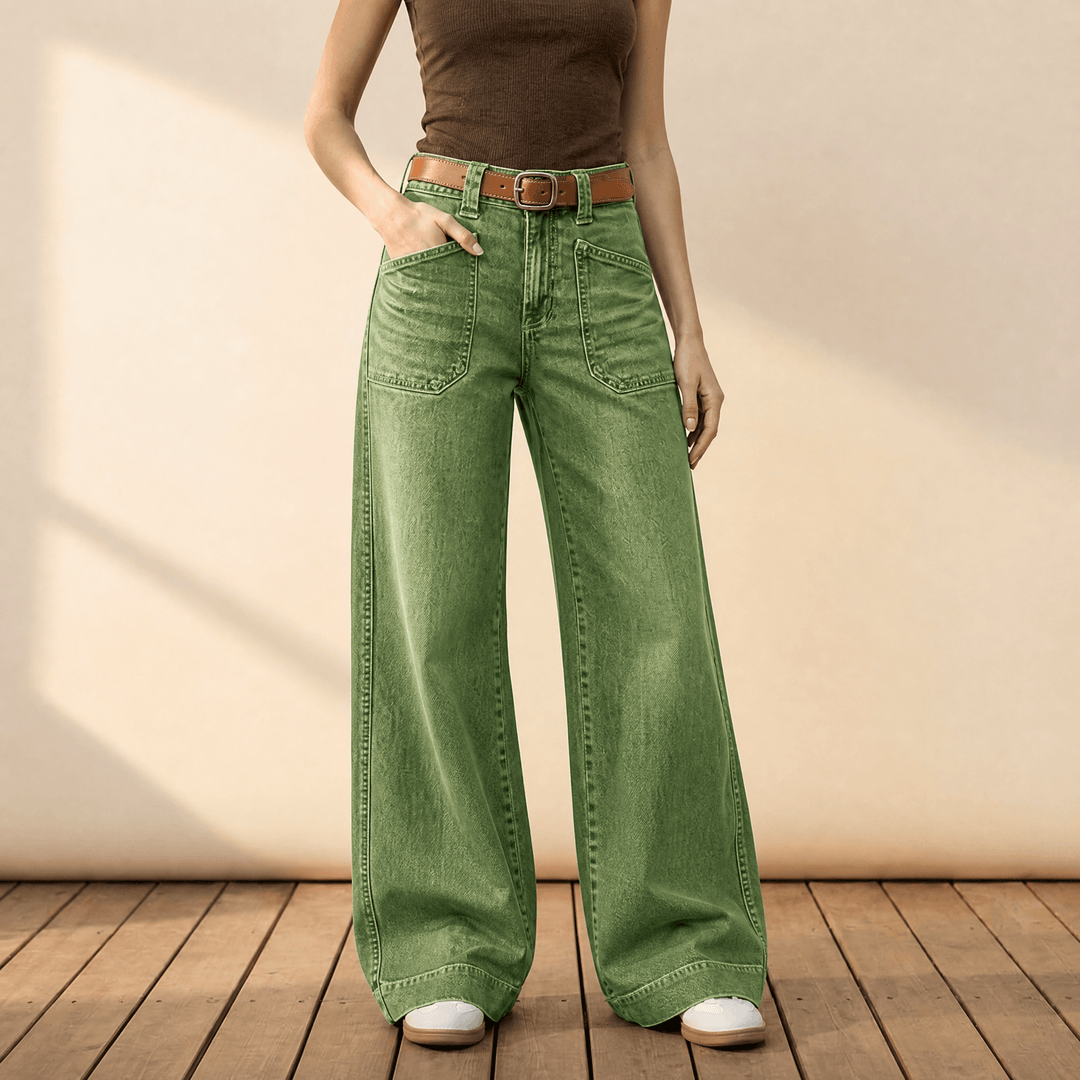 Widera – Retro Patch Pocket Wide Leg Jeans for Women Green
