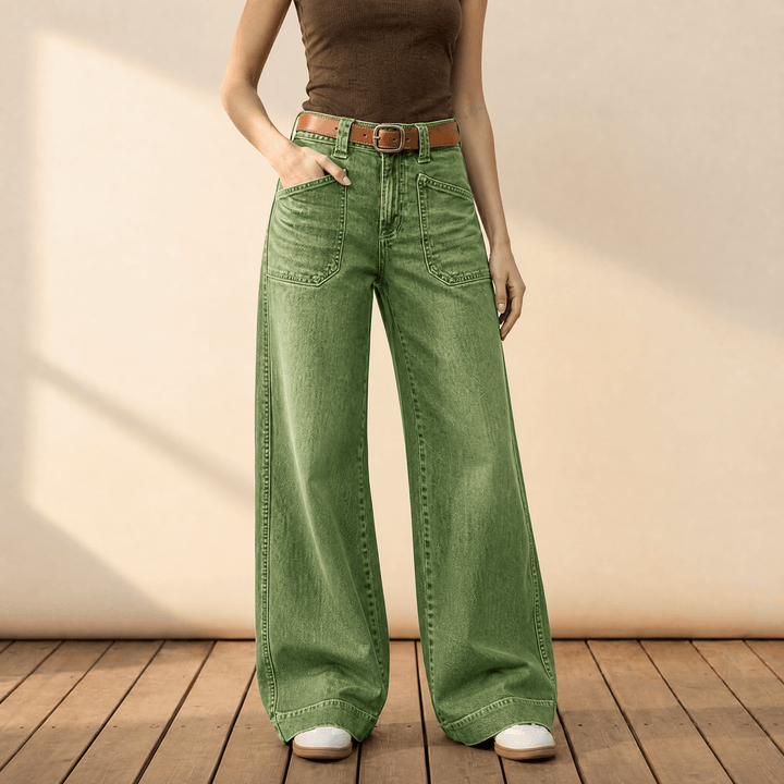 Widera – Retro Patch Pocket Wide Leg Jeans for Women Green