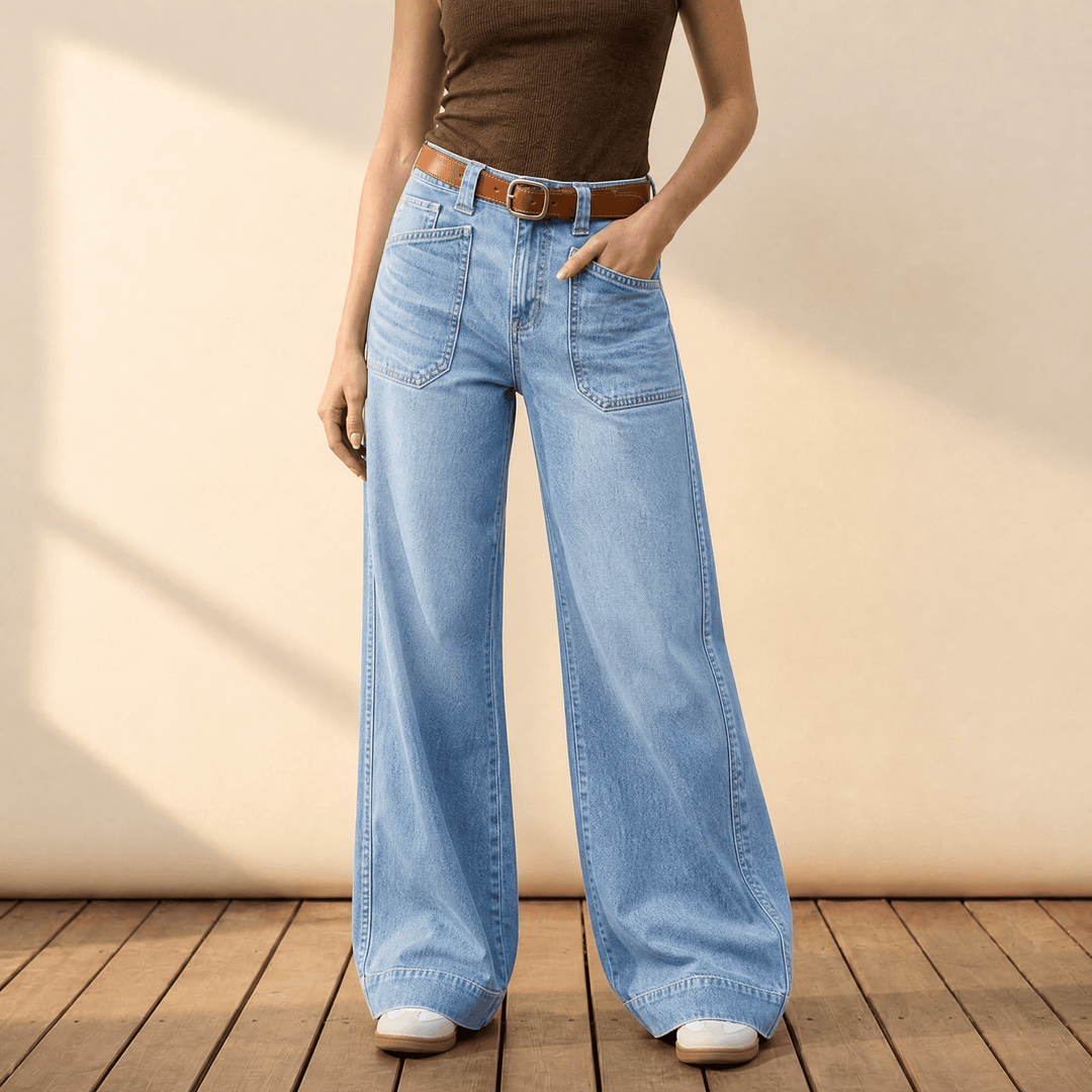 Widera – Retro Patch Pocket Wide Leg Jeans for Women Light Blue
