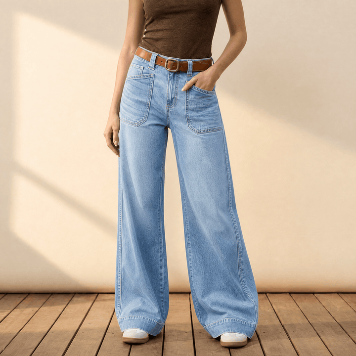 Widera – Retro Patch Pocket Wide Leg Jeans for Women Light Blue