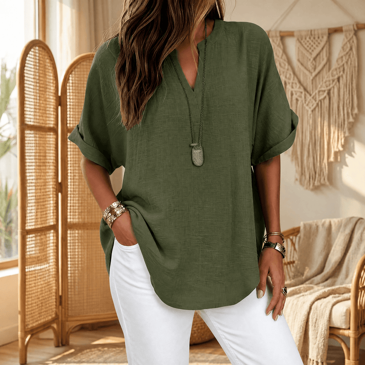 Wovena – Women's Breezy V Neck Blouse with Curved Hem Green / S