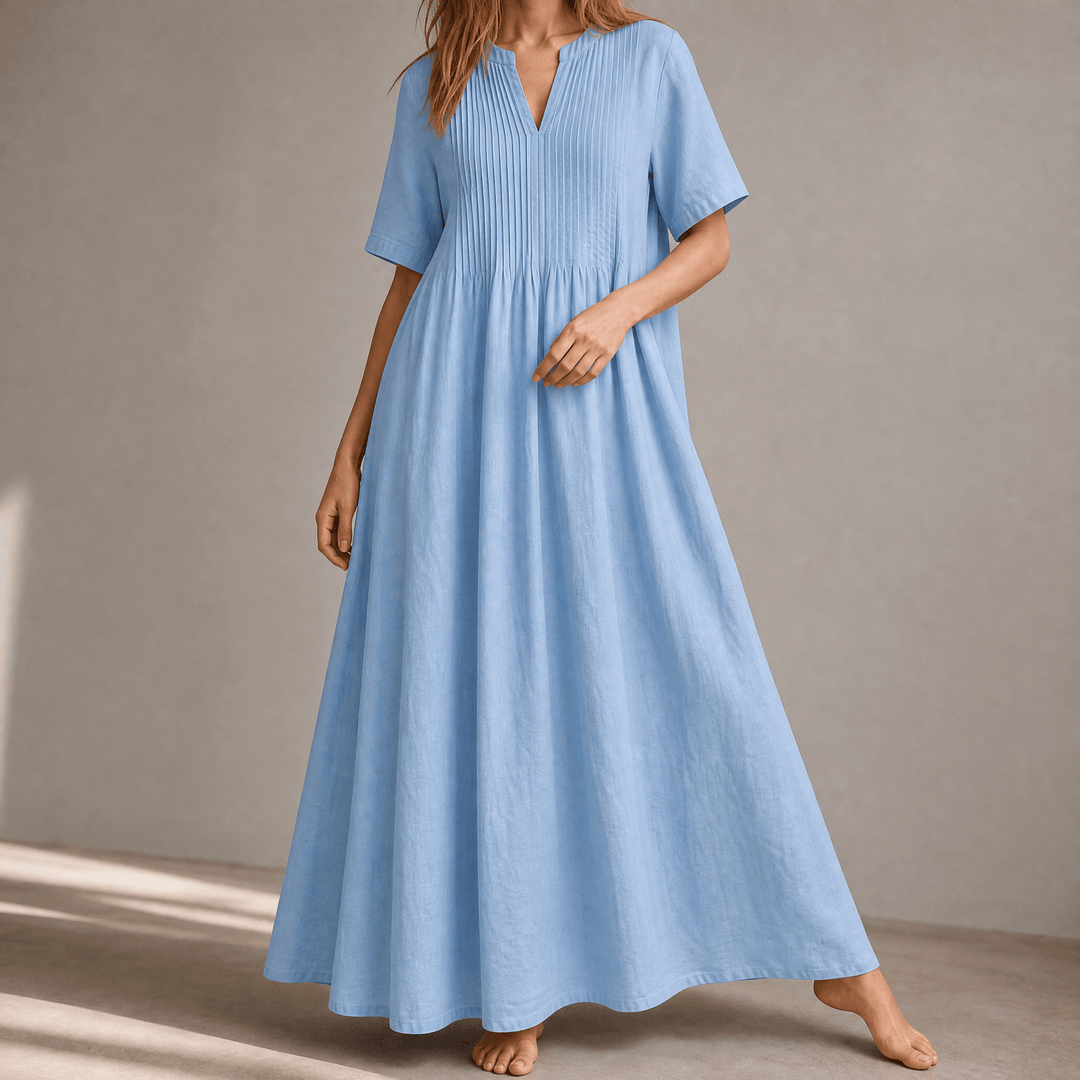 Wren – Women's Pin-Tuck Cotton Maxi Dress with Pockets Light Blue
