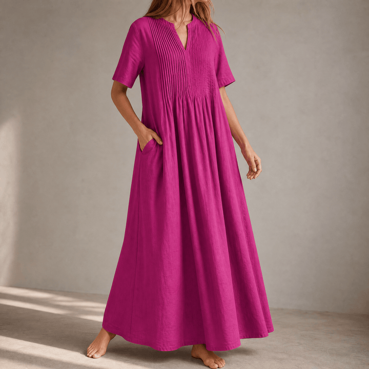 Wren – Women's Pin-Tuck Cotton Maxi Dress with Pockets Magenta