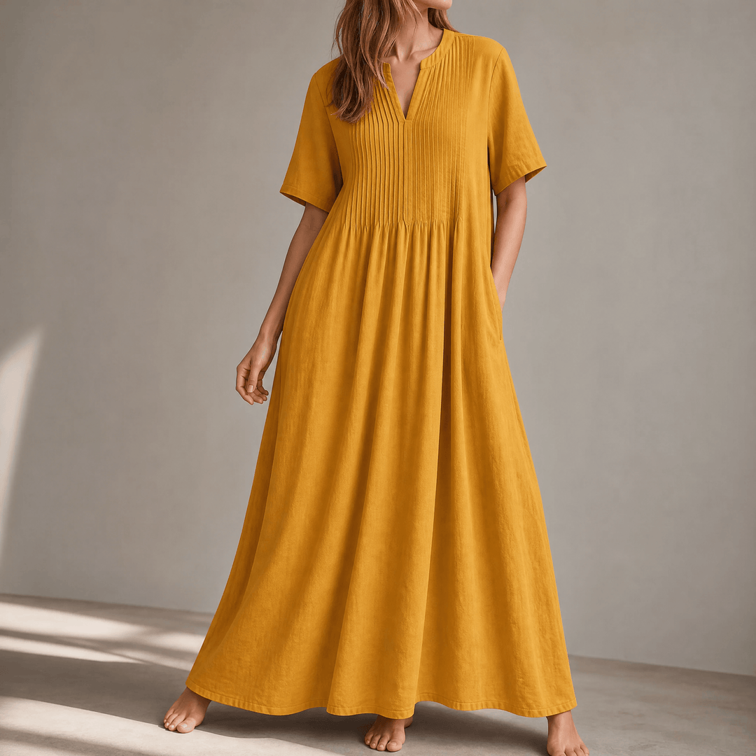 Wren – Women's Pin-Tuck Cotton Maxi Dress with Pockets Mustard