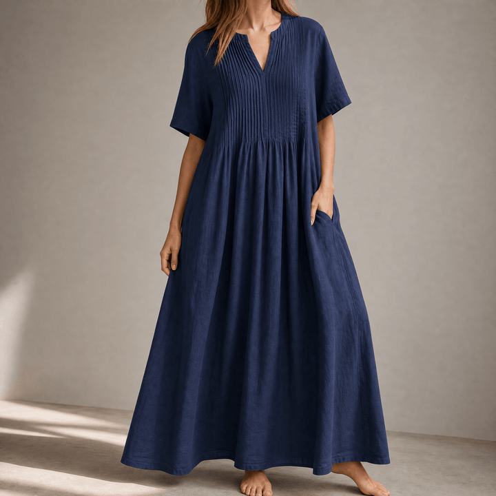 Wren – Women's Pin-Tuck Cotton Maxi Dress with Pockets Navy