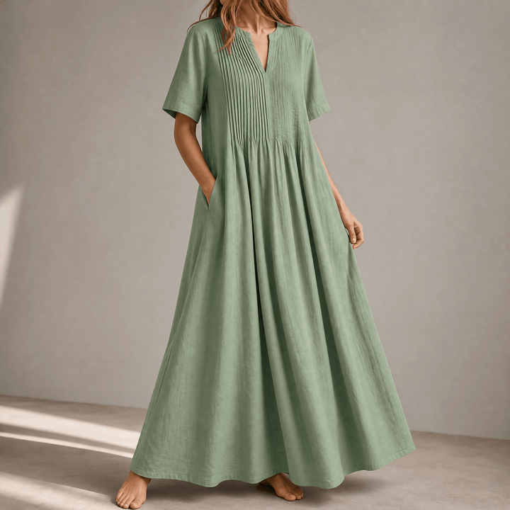Wren – Women's Pin-Tuck Cotton Maxi Dress with Pockets Sage