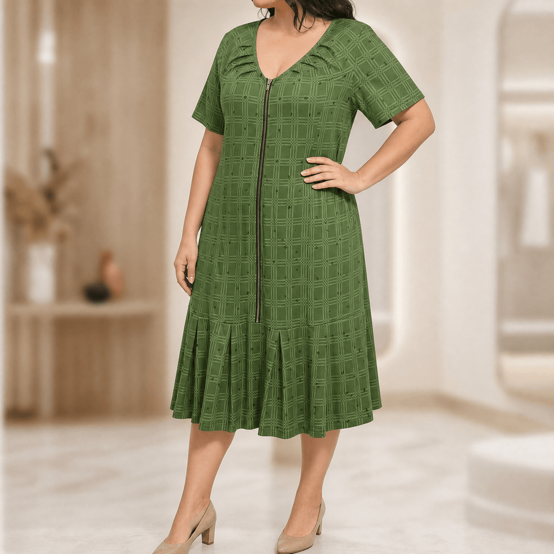 Zippella – Women's Zip-Front Midi Dress Olive Green