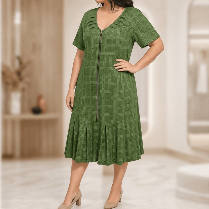 Zippella – Women's Zip-Front Midi Dress Olive Green